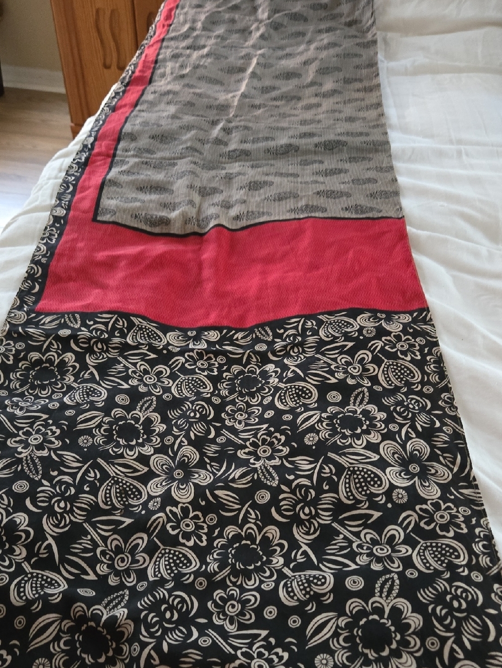 Floral Border Scarf with Gray Pattern and Red Accent